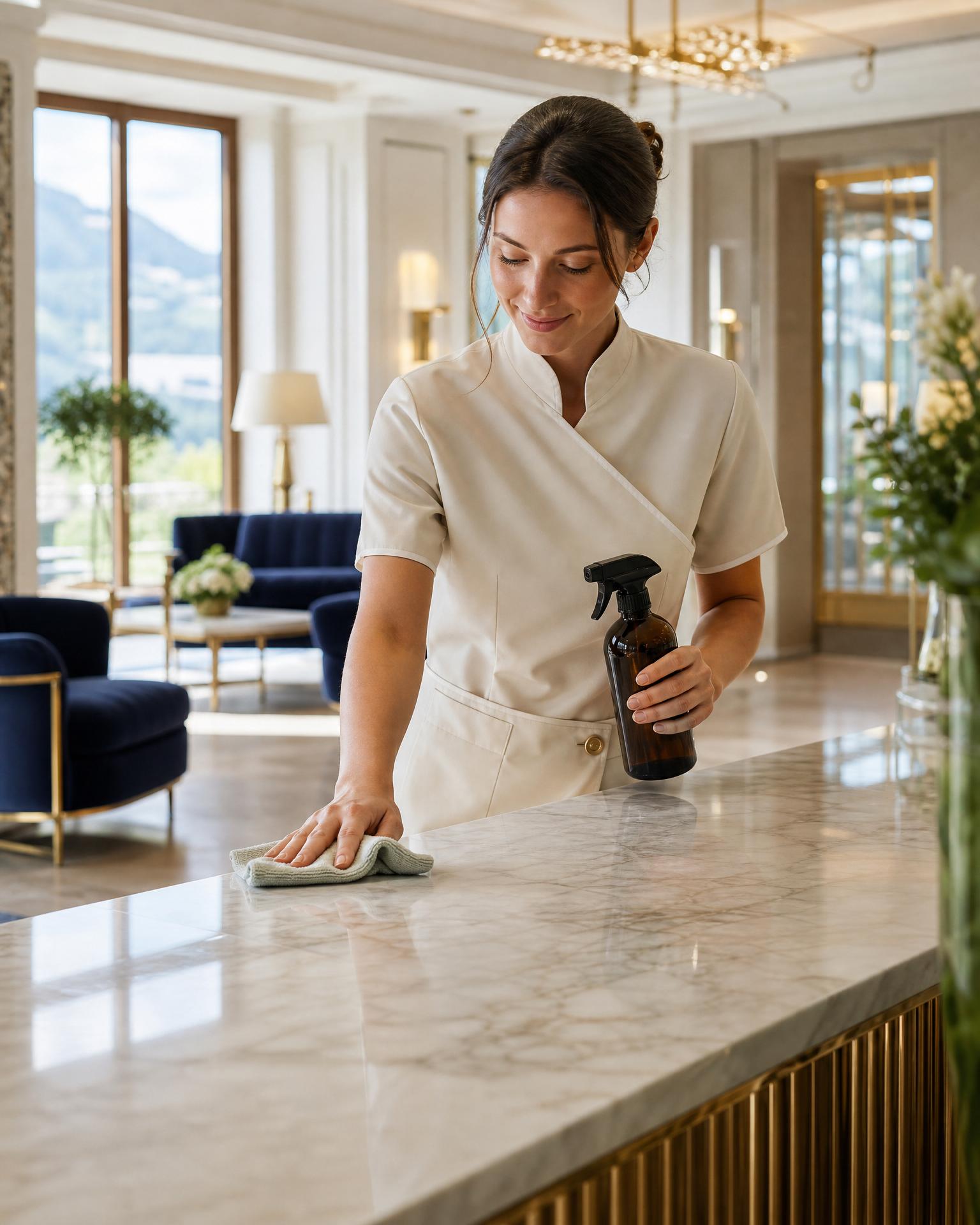 Professionnelle de l'entretien en uniforme cream nettoyant un comptoir en marbre dans un hôtel suisse élégant